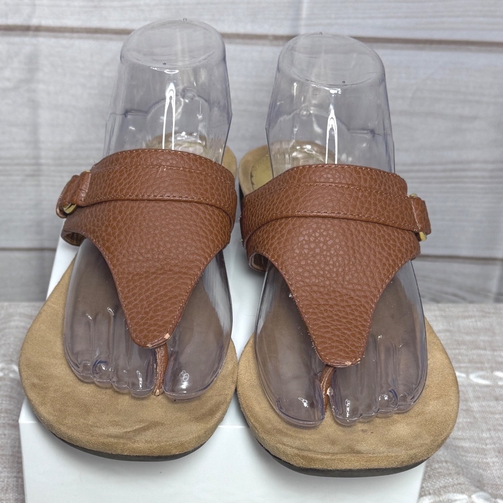 Lauren Ralph Lauren Brown Pebbled Leather Thong Sandals Gold Buckle RL Slides